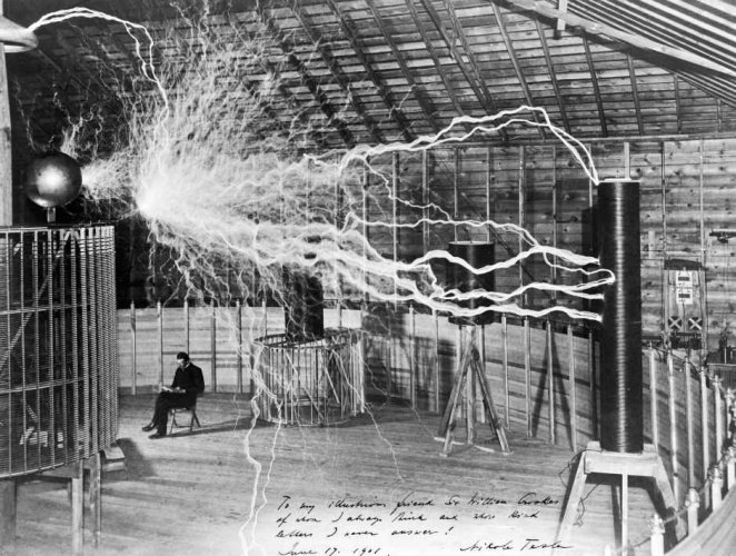 Tesla's magnifying transmitter generating millions of volts